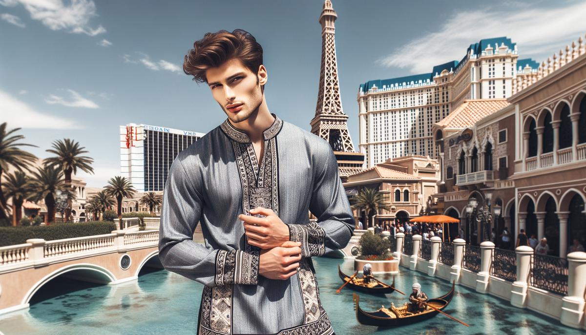 A fashion model poses in front of an iconic Las Vegas landmark, with the backdrop enhancing the visual appeal of the fashion piece.