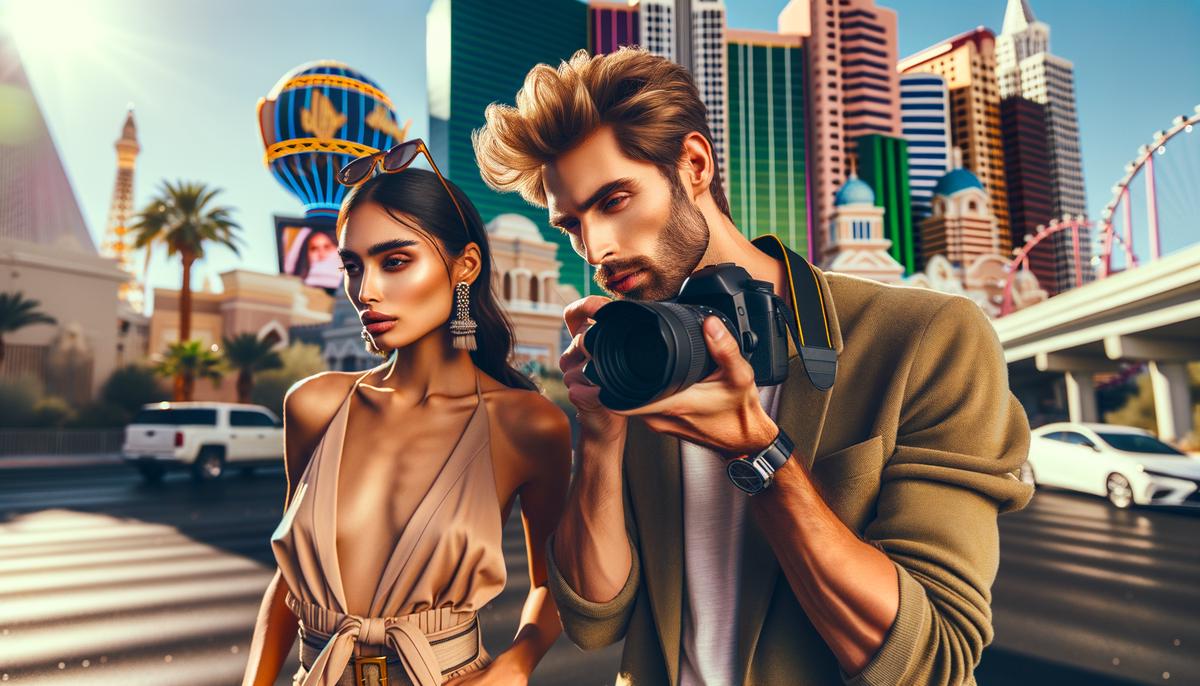 A fashion photographer collaborates with a local Las Vegas designer and model, creating images that capture the city's unique style and energy.