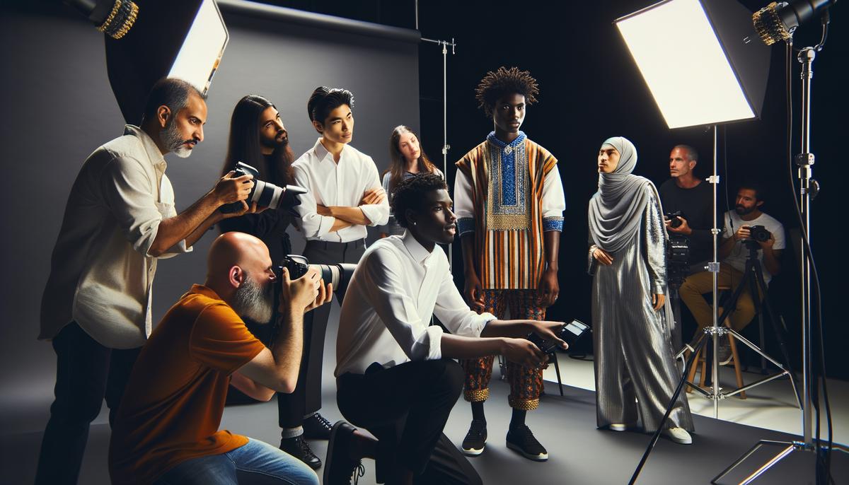 Photograph of fashion photography workshop participants directing a photoshoot with models and studio lighting equipment on the second day