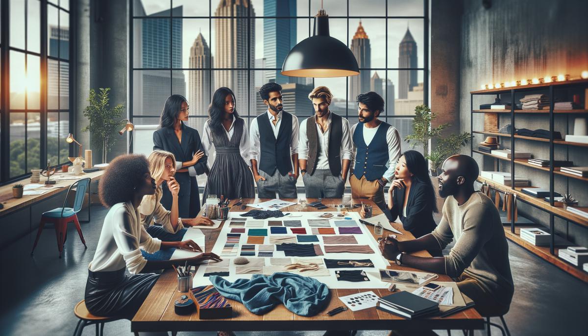 A diverse group of fashion professionals gathered around a table, planning a fashion show with mood boards and sketches visible