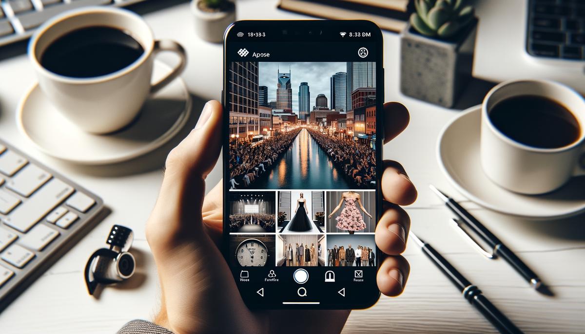 A smartphone displaying a curated Instagram feed of Nashville fashion event photos