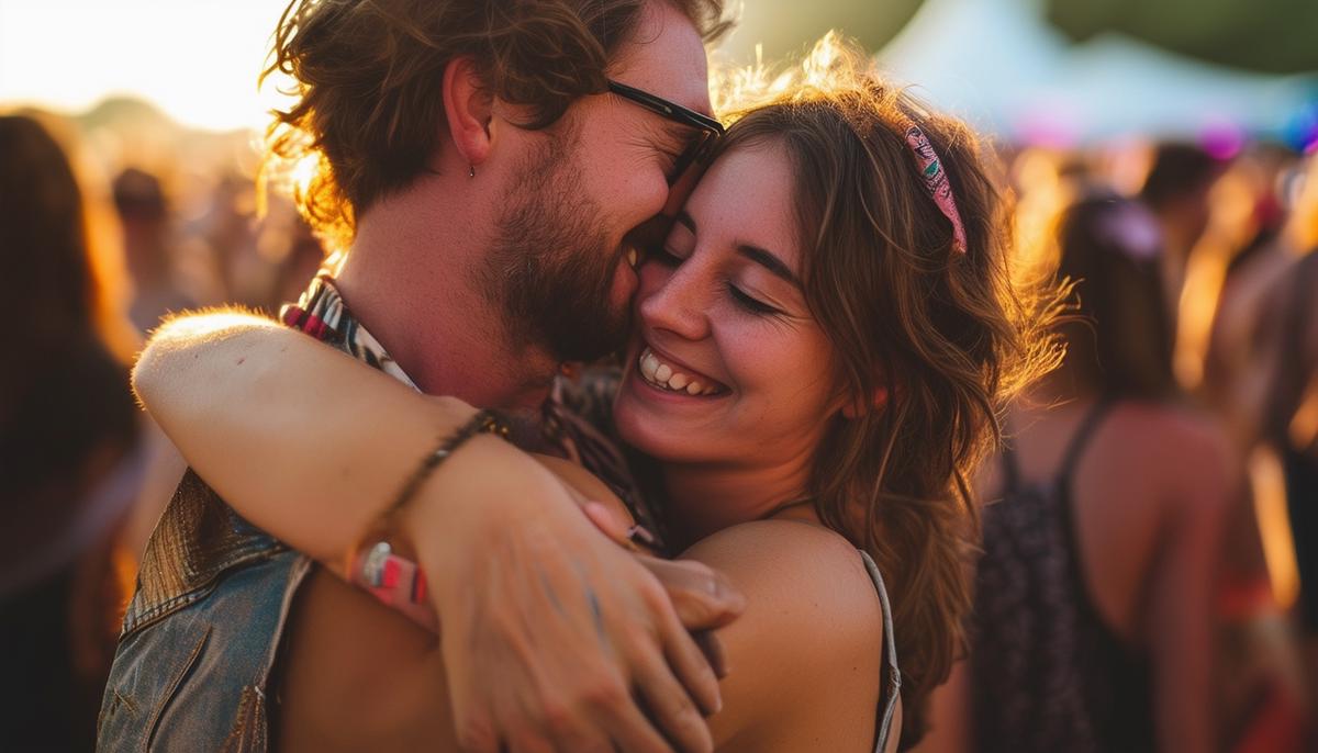 A candid moment captured at a music festival, showing a couple sharing a joyful embrace in the midst of the crowd.