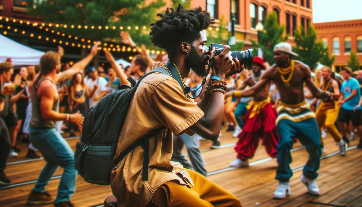 Photographer in action capturing a dynamic festival performance in Denver