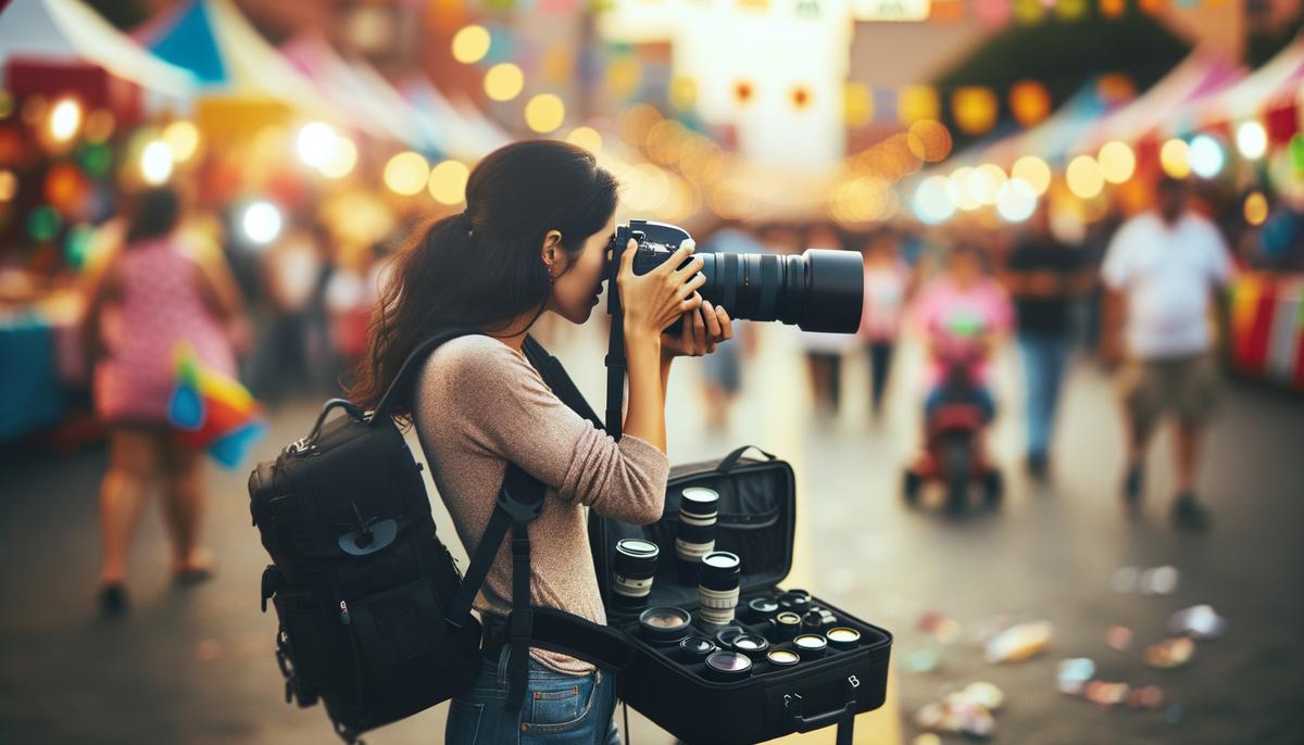 A photographer with professional equipment capturing moments at a lively Dallas festival