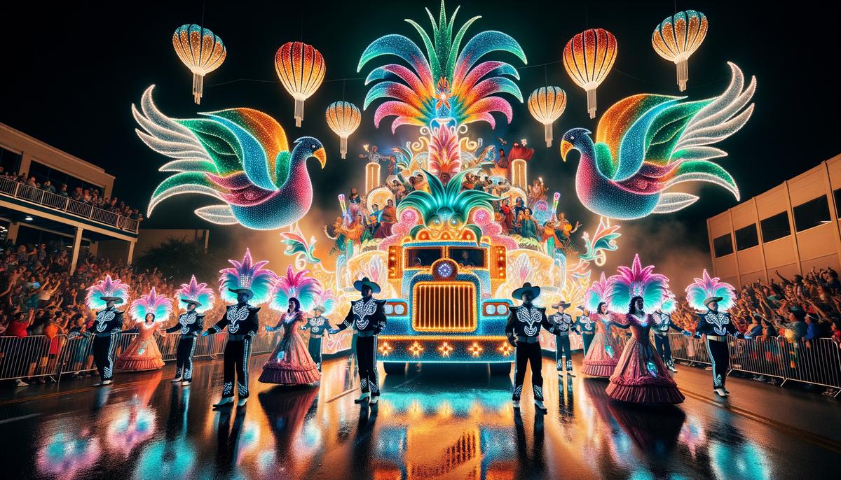 A stunning night photograph of the Fiesta Flambeau Parade in San Antonio, Texas, showcasing the vibrant, illuminated floats and costumed participants, surrounded by a large, enthusiastic crowd.