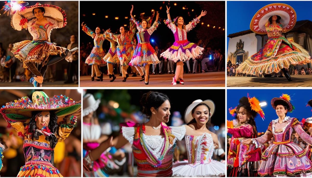 A montage of images showcasing the diverse cultural celebrations during Fiesta San Antonio, including the Charreada, Ballet Folklorico, and Night in Old San Antonio.