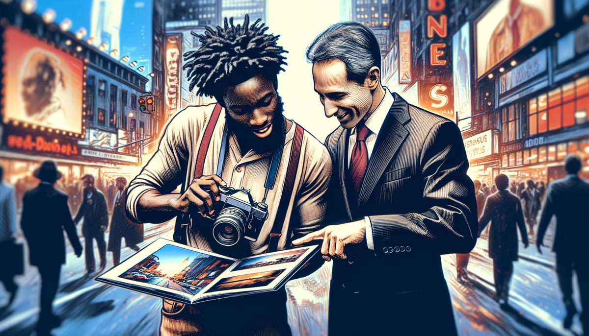 A photographer presenting their portfolio to a professional reviewer during the Filter Photo Festival in Chicago