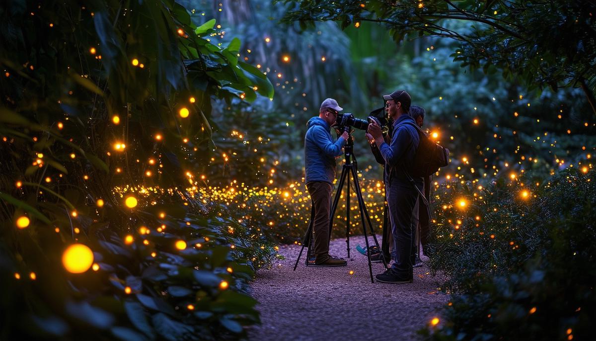 A group of photographers capturing fireflies at night in a botanical garden setting