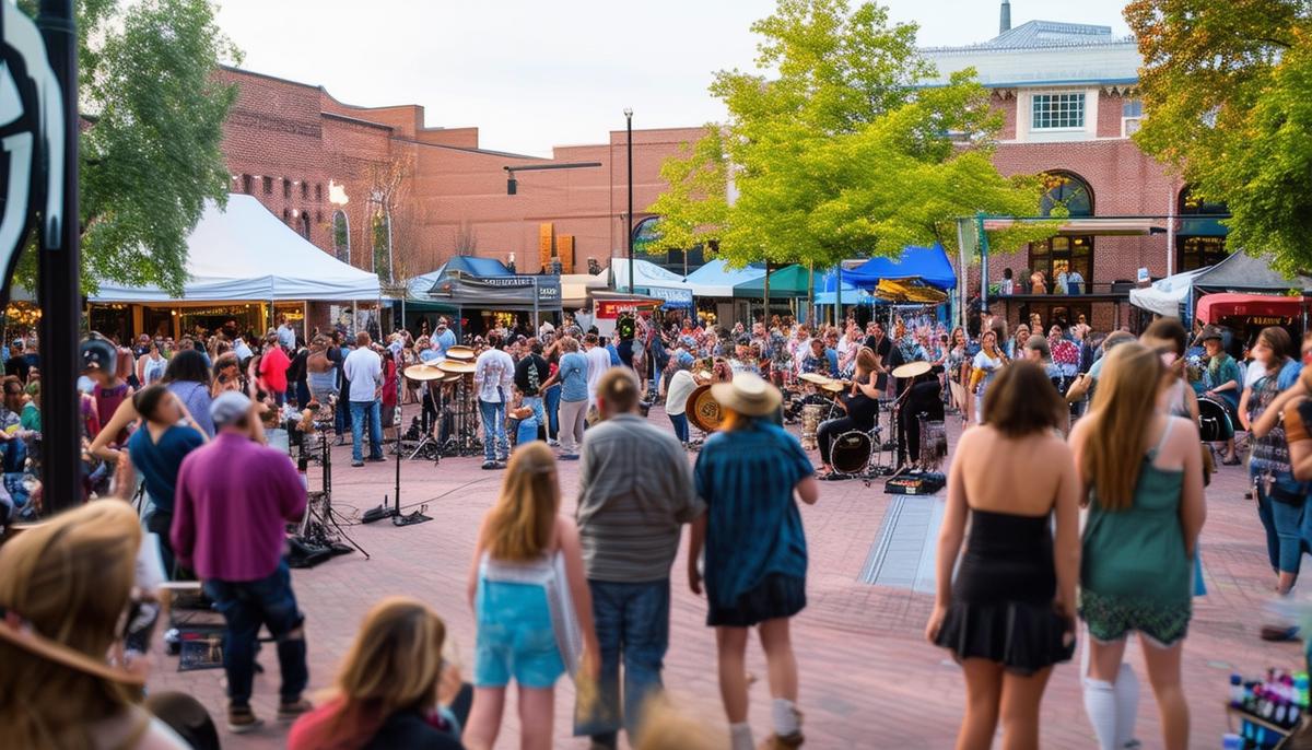 A vibrant scene of First Friday on Bentonville Square with performers, artisans, and photographers