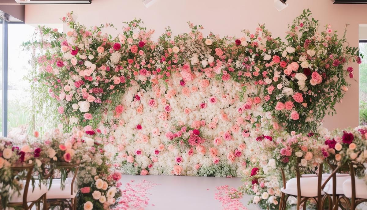 An enchanting floral wall backdrop setup for guests to take beautiful bridal shower photos.