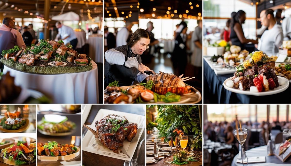 A montage illustrating the range of services offered by Houston food event photographers, including candid photojournalistic coverage, posed portraits, branding inclusion, and venue-wide photography. The images showcase the photographer's adaptability and ability to capture the event's essence through various styles and techniques.