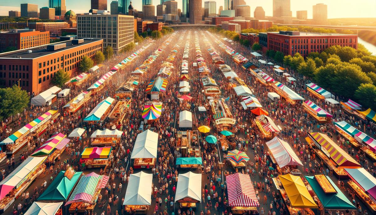 An aerial view of a bustling Minneapolis food festival with colorful stalls and crowds