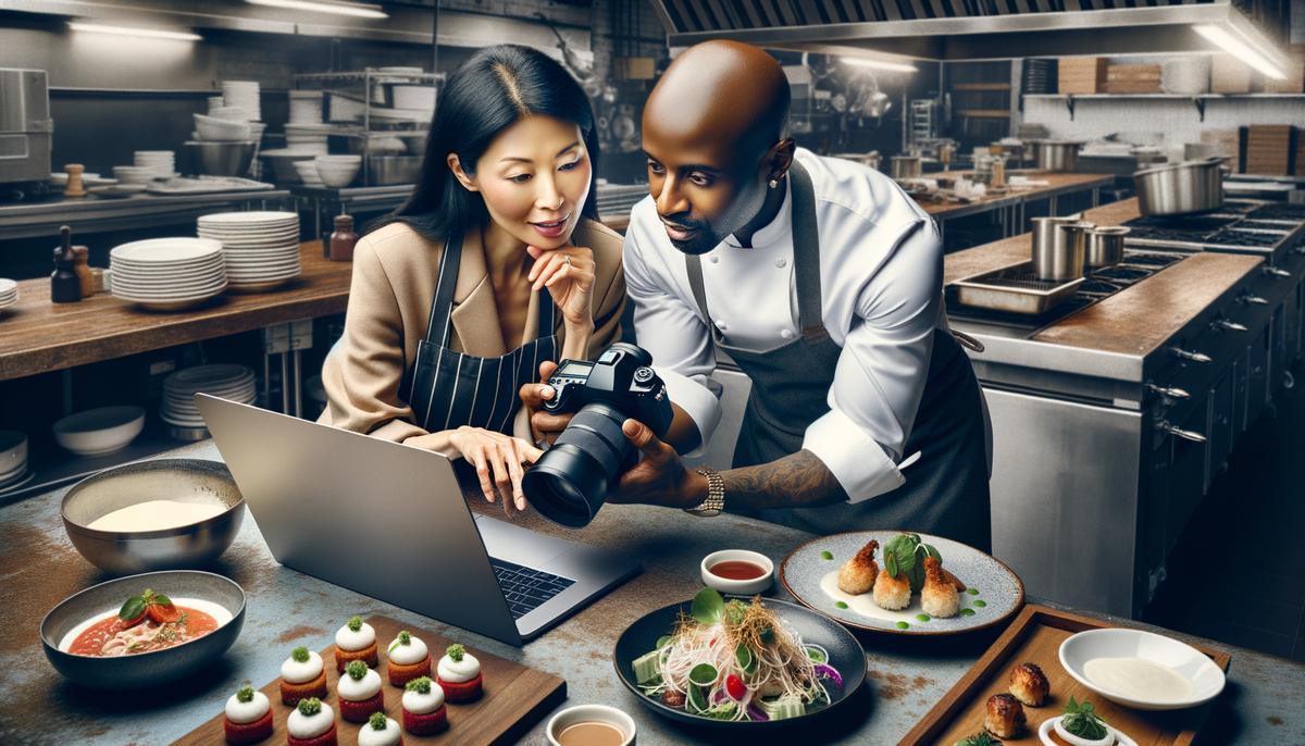 A food photographer and chef reviewing images together on a computer in a restaurant kitchen