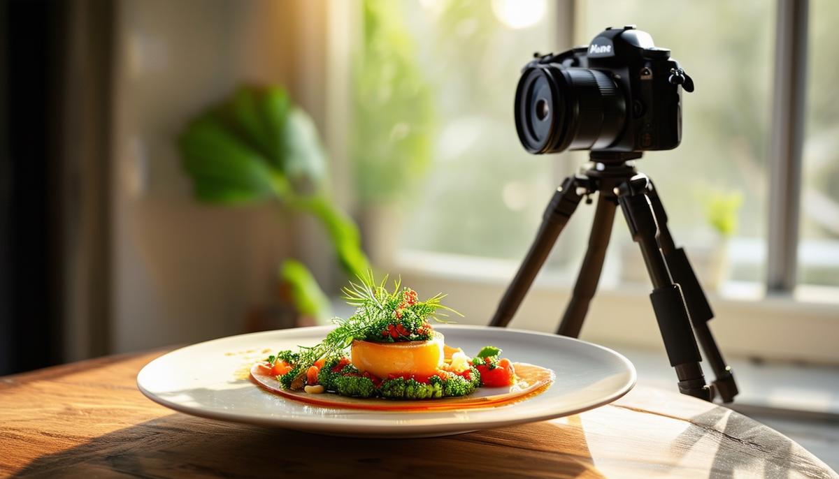A food photography setup with a beautifully plated dish, camera on a tripod, and soft natural light coming through a window