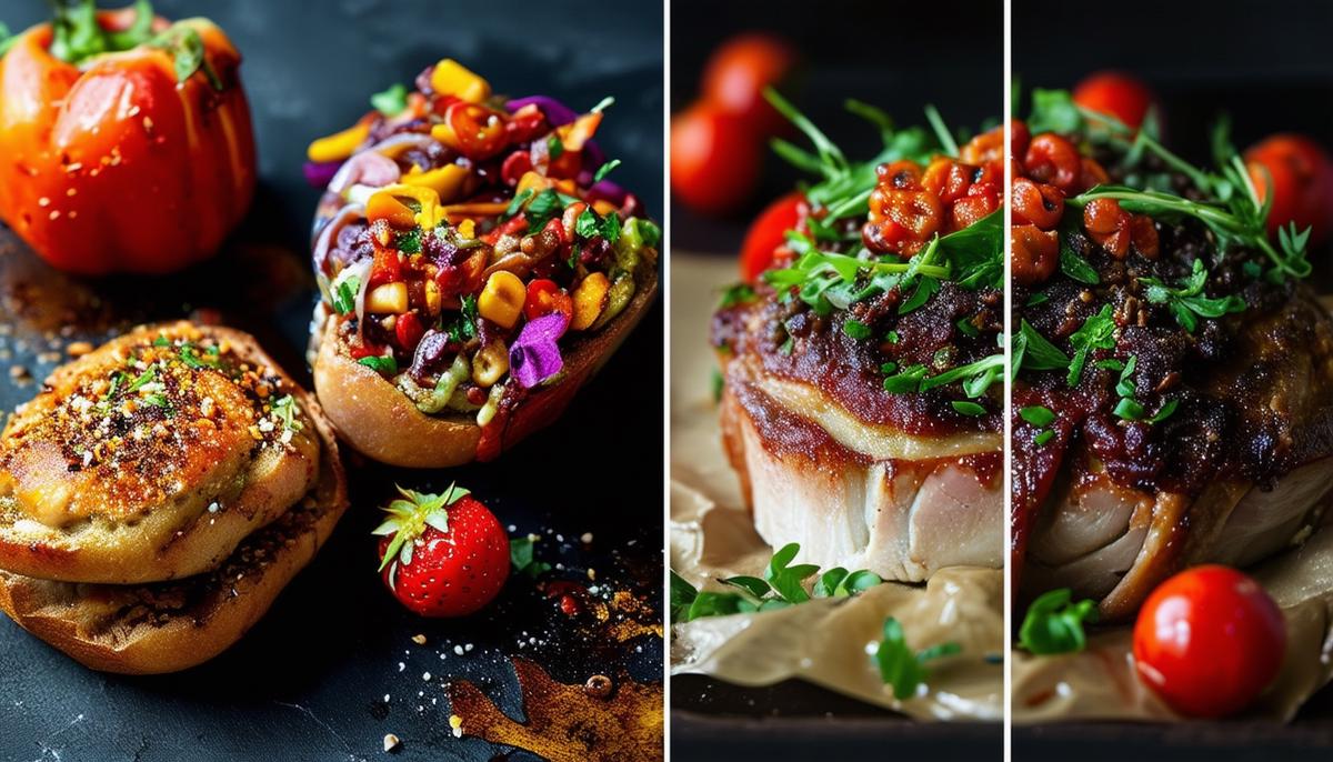 A split-screen image showing contrasting food photography styles: one bright and colorful, the other dark and moody
