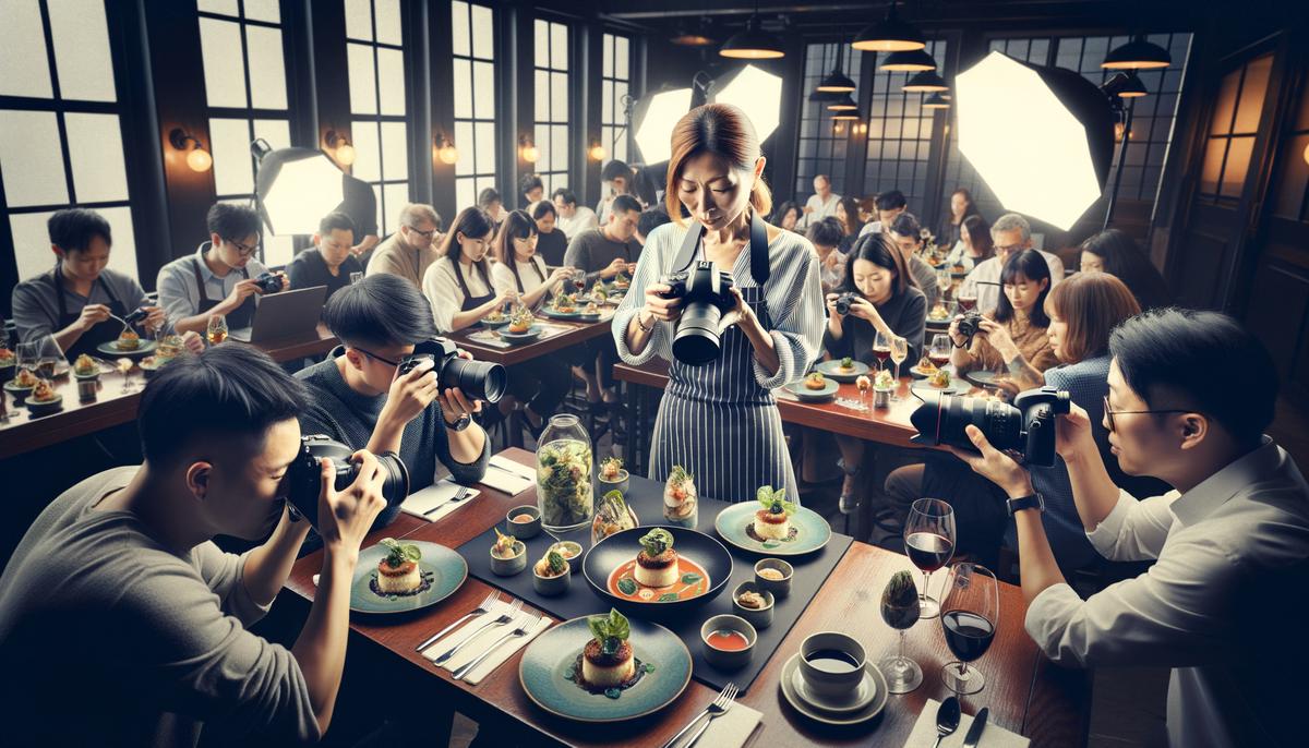 A food photography workshop setup with participants learning to capture culinary creations in a Boston restaurant