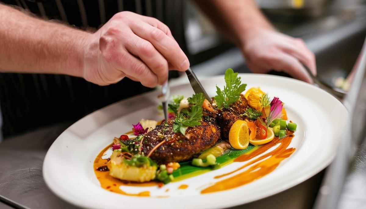 A food stylist working on a beautifully arranged plate of New Orleans cuisine, using various tools and techniques