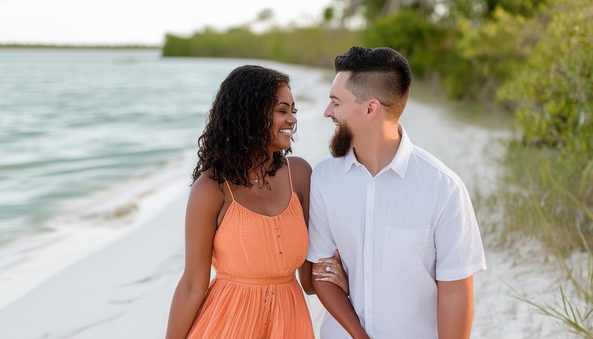 A couple taking engagement photos at Fort DeSoto Park with diverse backdrops