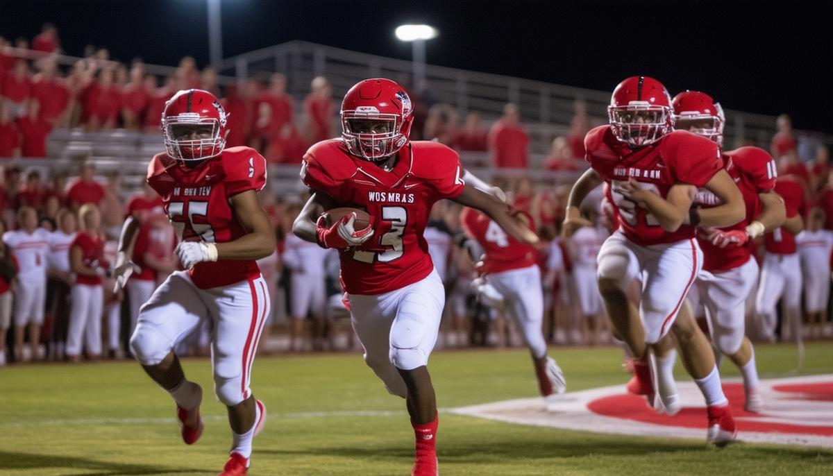 An exciting moment during a Fort Smith high school football game with players in action and a cheering crowd