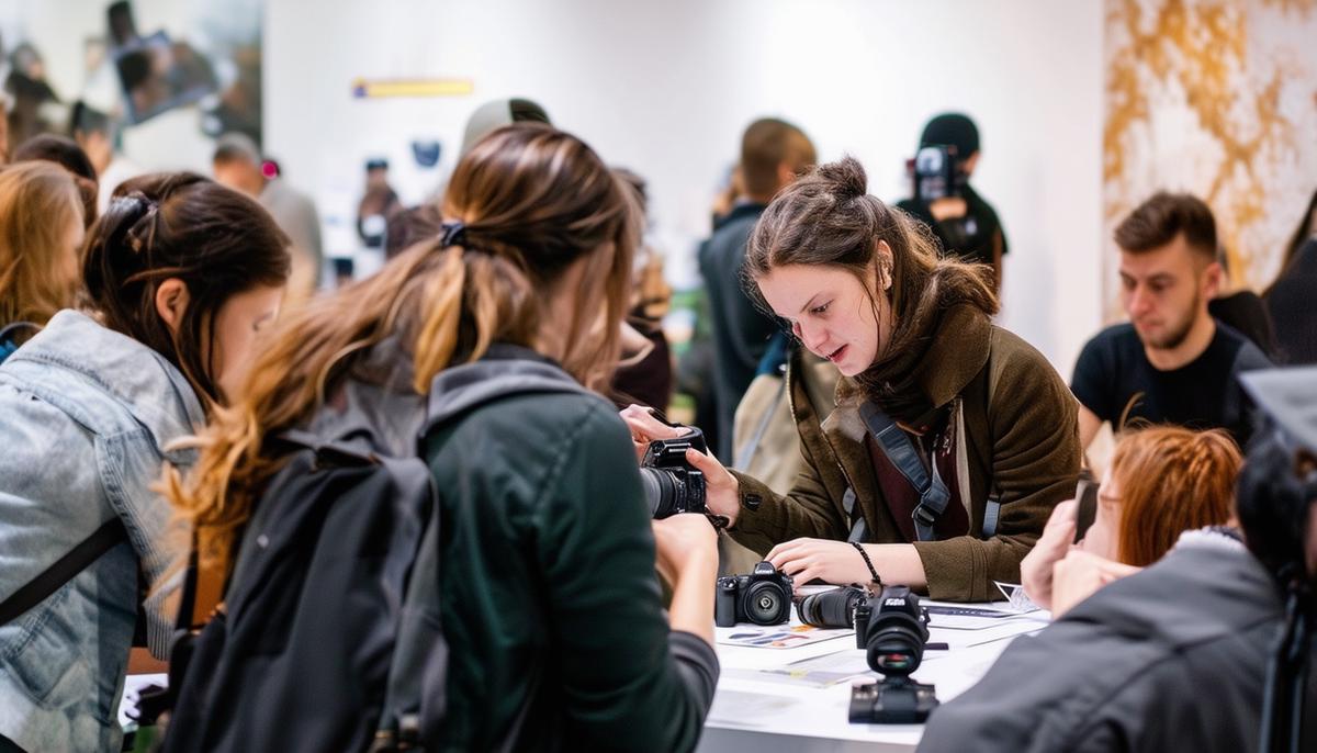 A bustling photography workshop at the FOTOfusion festival with participants engaged in learning and networking