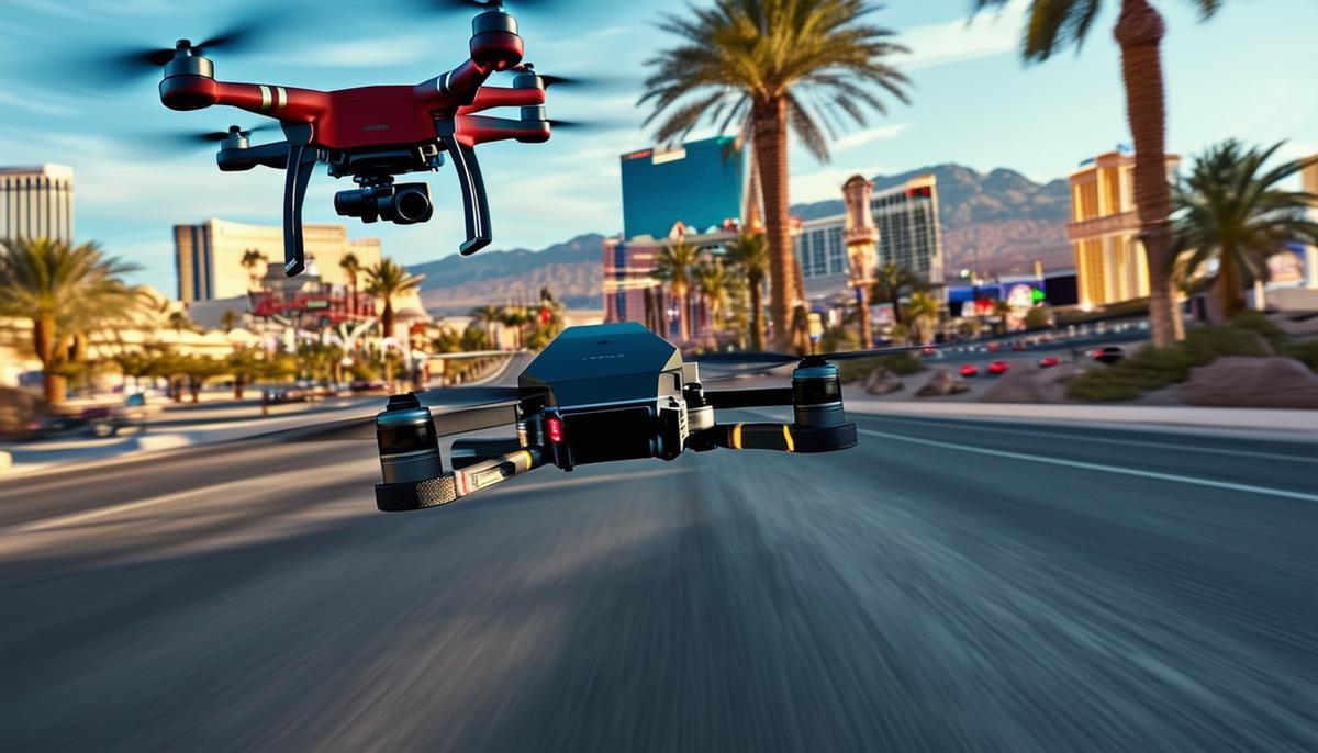 An FPV drone races through the streets of Las Vegas, capturing immersive and dynamic footage of the city's iconic landmarks and attractions.