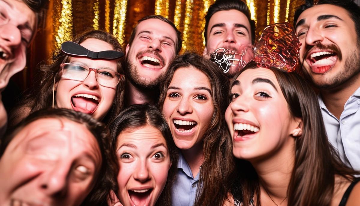 A group of young adult friends crammed into a photo booth at a lively party, wearing silly props and cracking up at the camera. The quality photo booth has fun custom backdrops and the photos print out in clear strips.
