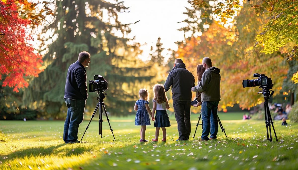 The FritzPhoto team in action, photographing a family in a beautiful Portland park setting