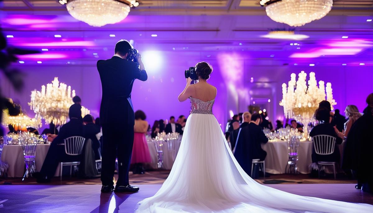A photographer using various techniques to capture a glamorous gala event, showcasing lighting, composition, and candid moments