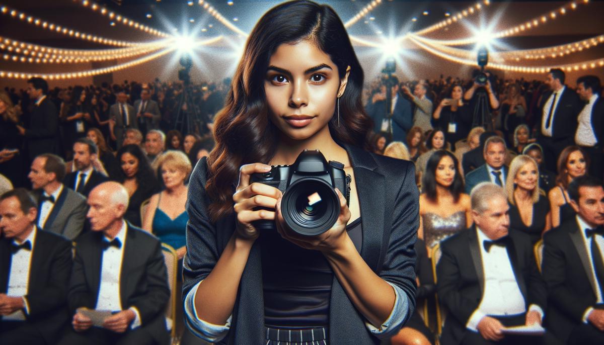 A photographer navigating challenges at a gala event, adjusting camera settings in low light conditions with a crowded background