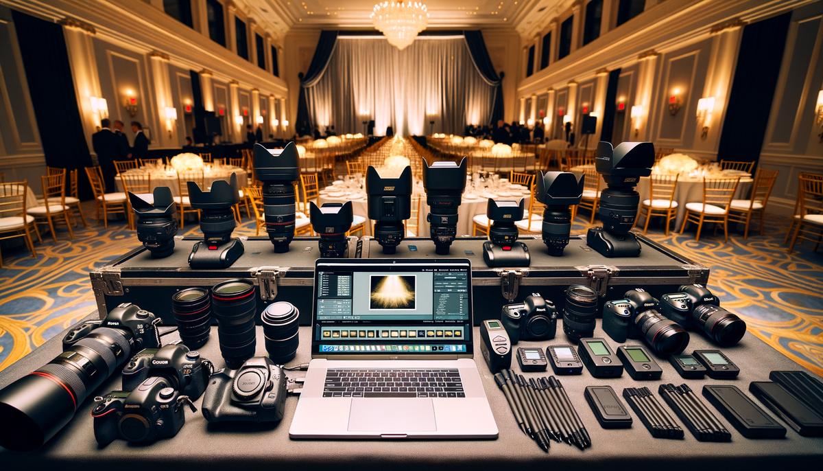 A detailed view of a DC gala photographer's professional equipment setup