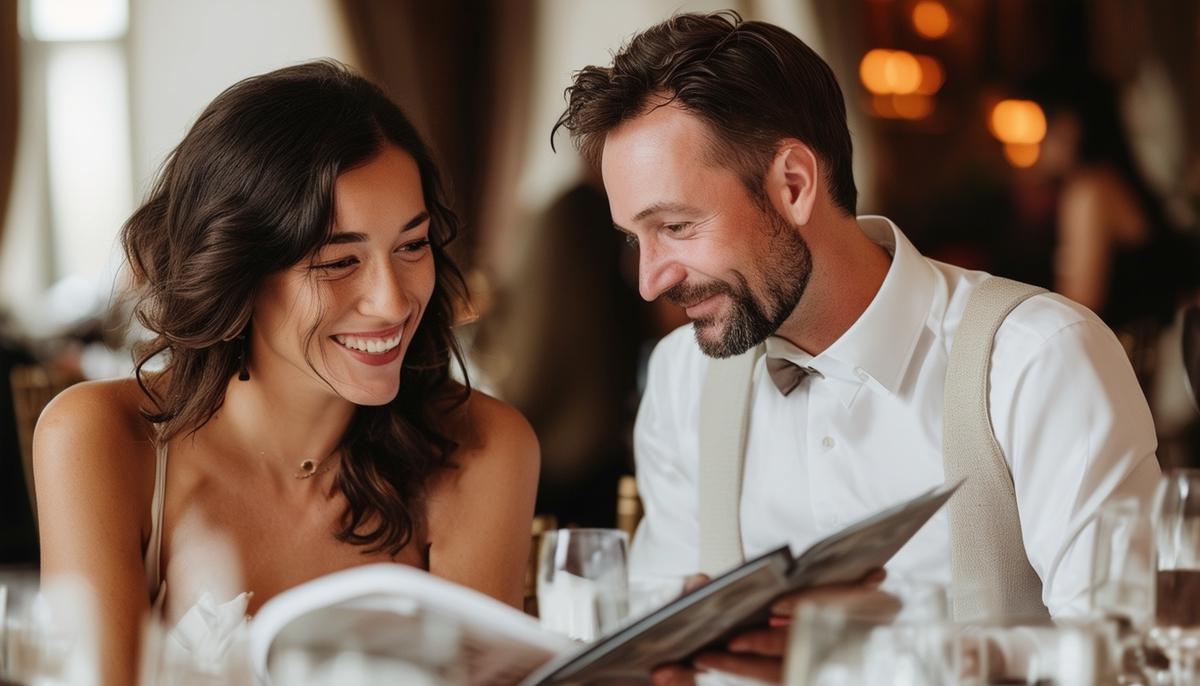 A couple reviewing a gala photographer's portfolio, discussing their event vision