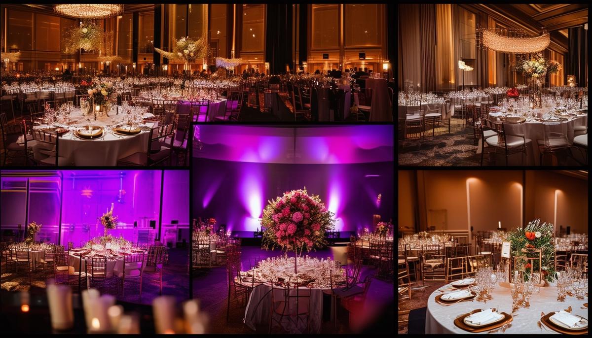 A collage showcasing key elements of gala photography: venue wide shot, attendee candids, performance close-up, and table setting details