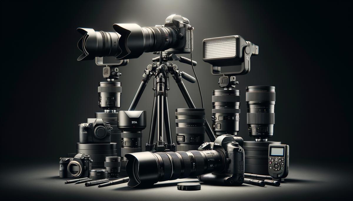 A display of professional photography equipment used for gala events, including a high-end camera, various lenses, and lighting gear