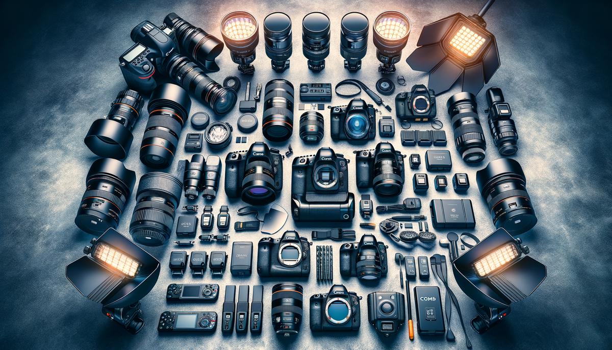 A comprehensive display of professional photography equipment for gala events, including cameras, lenses, and lighting gear