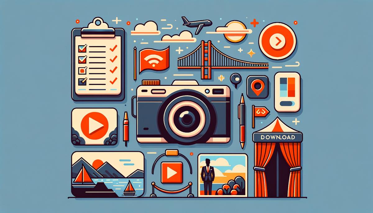 An infographic-style illustration showing different elements of gala photography packages, including a camera, photo prints, themed photo booth, and digital download icons