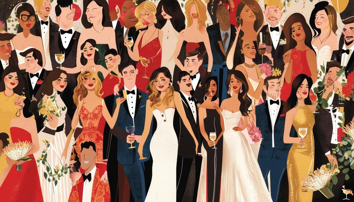 A stylized representation of gala photos being shared on social media platforms