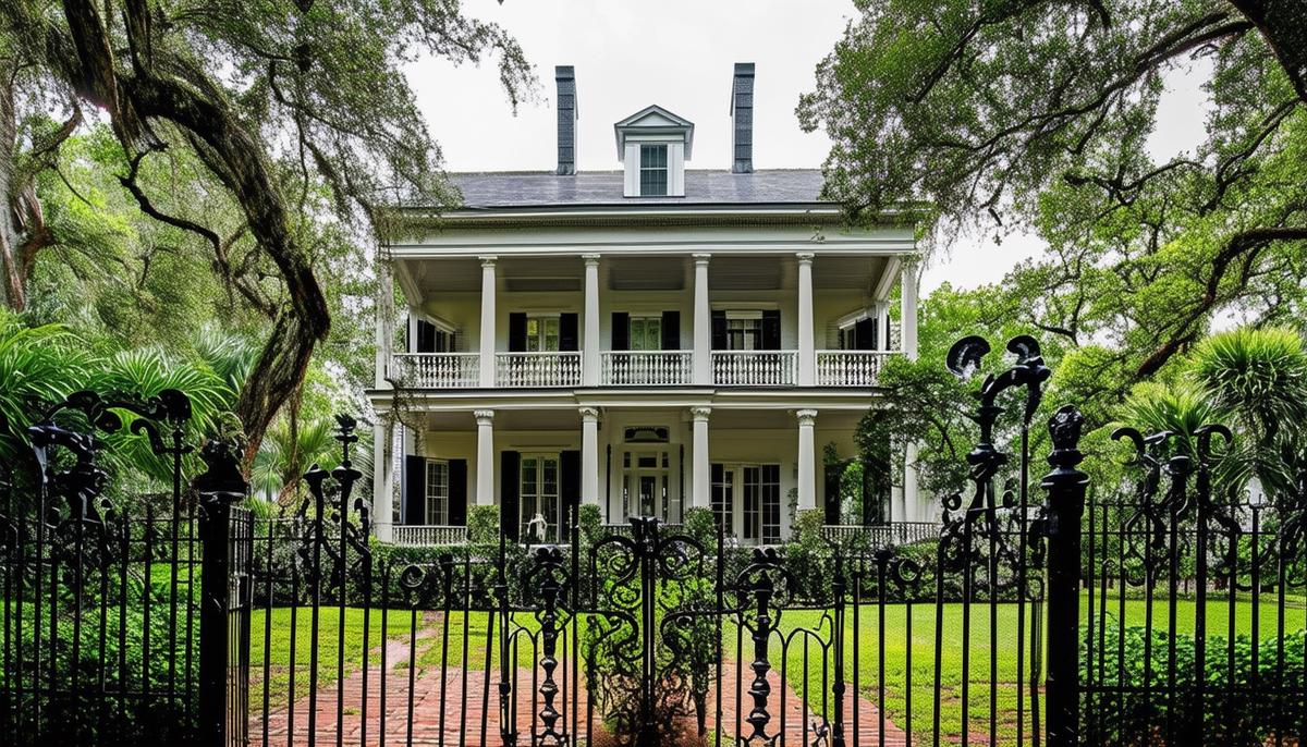 A grand antebellum mansion in the Garden District with lush greenery and wrought iron fences