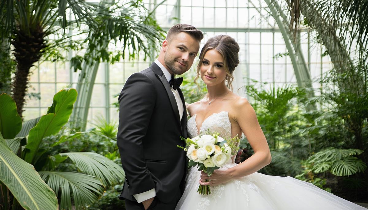 A couple posing for a romantic wedding photo amidst lush tropical plants in Garfield Park Conservatory