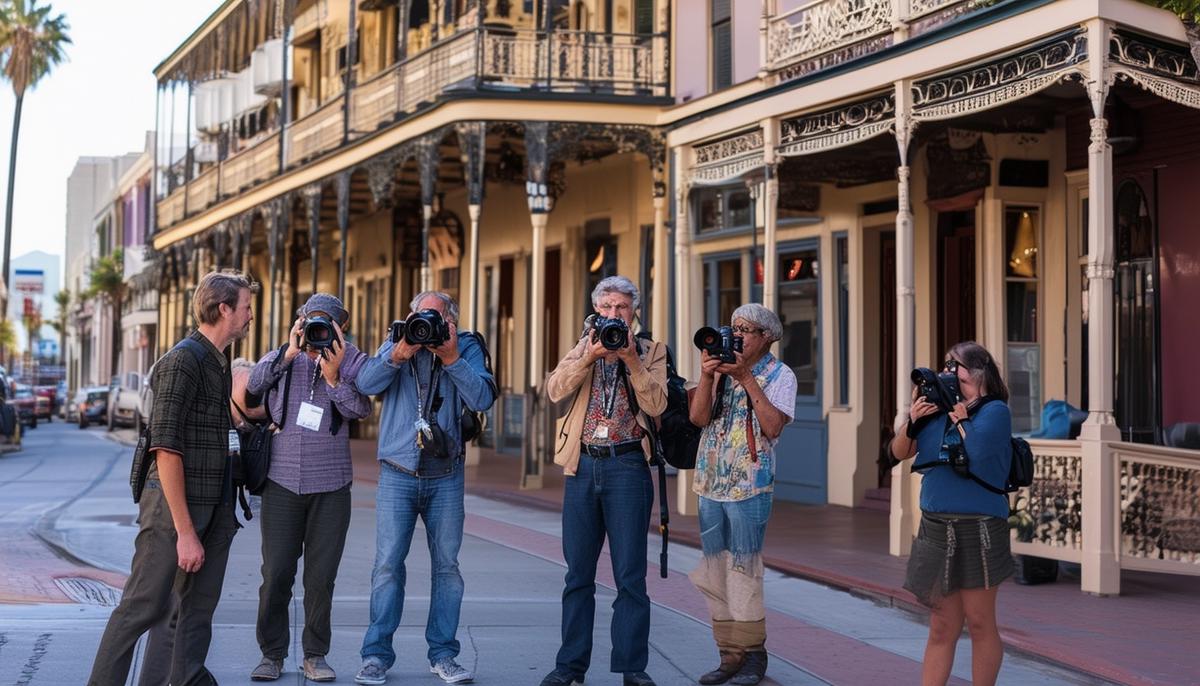 A small group of photographers on a walking tour in San Diego's Gaslamp Quarter, capturing Victorian-era buildings