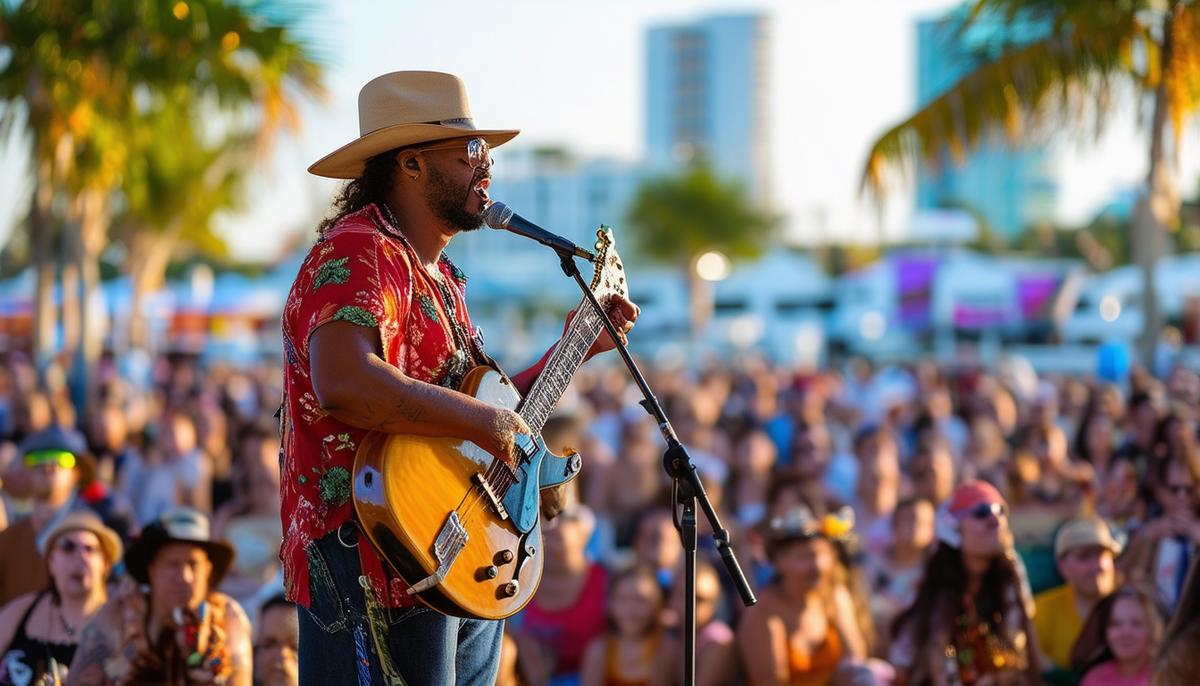 Musicians performing on stage at the Gasparilla Music Festival in Curtis Hixon Waterfront Park, with a diverse audience enjoying the show