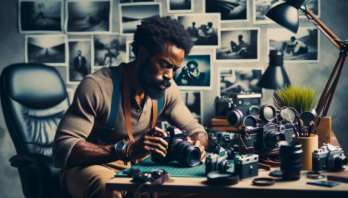Geleve Grice in his photography studio in Pine Bluff, surrounded by his equipment and photographs