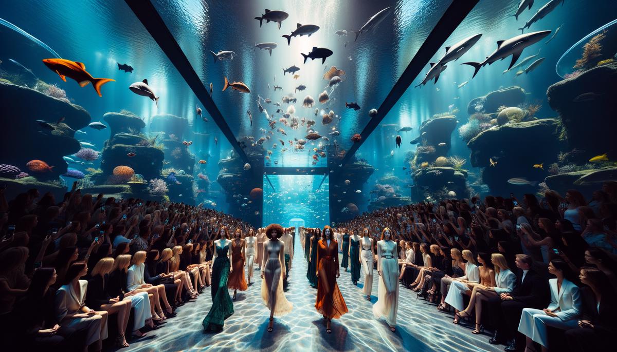 A fashion show taking place at the Georgia Aquarium, with models walking on a runway surrounded by large aquarium tanks