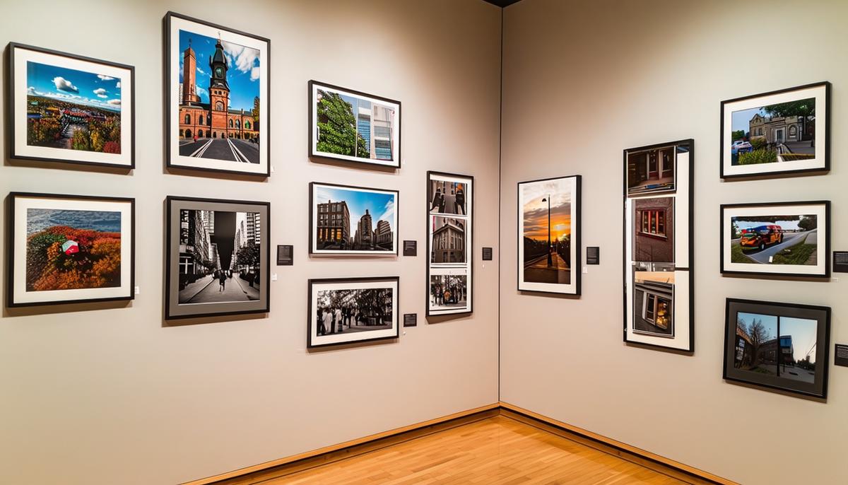 A gallery wall displaying a diverse range of photographs from Judy Glickman Lauder's collection at the Portland Museum of Art
