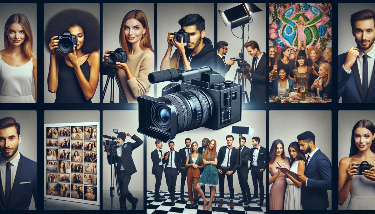 A showcase of Goen South's diverse photography services, including event photography capturing key moments, event videography creating powerful visual narratives, the InstaCam photo booth providing interactive fun for guests, and the graffiti wall combining entertainment with personalized mementos.