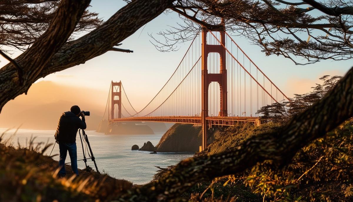 A photographer using framing technique to capture the Golden Gate Bridge through tree branches