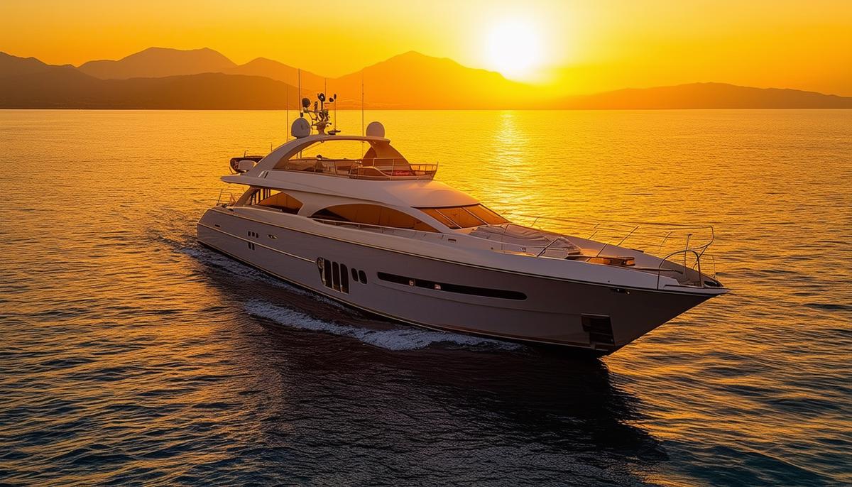 A yacht at sea during golden hour, with soft, warm lighting illuminating the scene