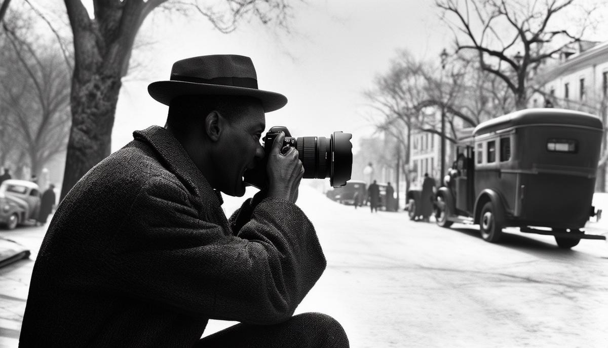 Gordon Parks, an African American man, photographing a scene in 1940s Washington D.C.