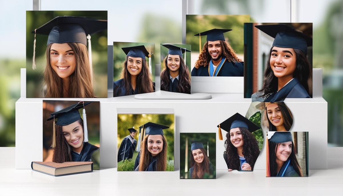 A display of various graduation photo packages and products offered by Prestige Photography