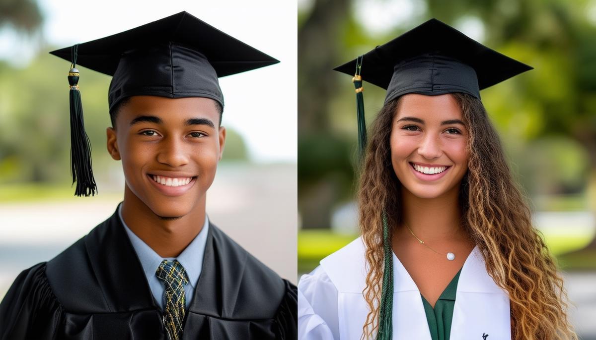 A split-screen image comparing the Essentials and Deluxe graduation photo packages in Tampa