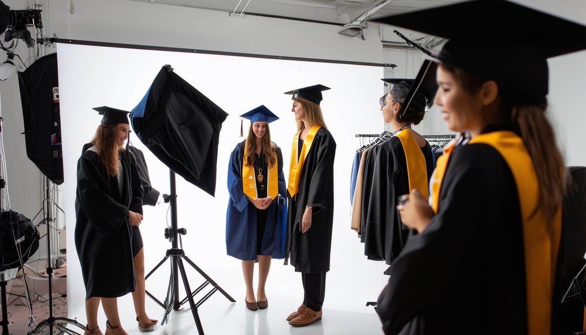 A behind-the-scenes look at graduation photo preparation, showing scheduling, wardrobe selection, and location scouting